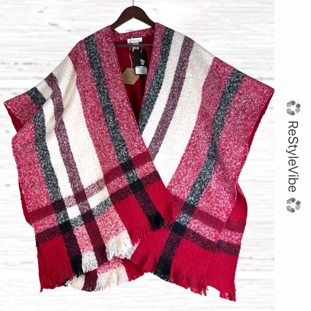 NINE WEST Women’s Size O/S Kimono Wrap Plaid Sweater Fleece Fringe NWT Cardigan